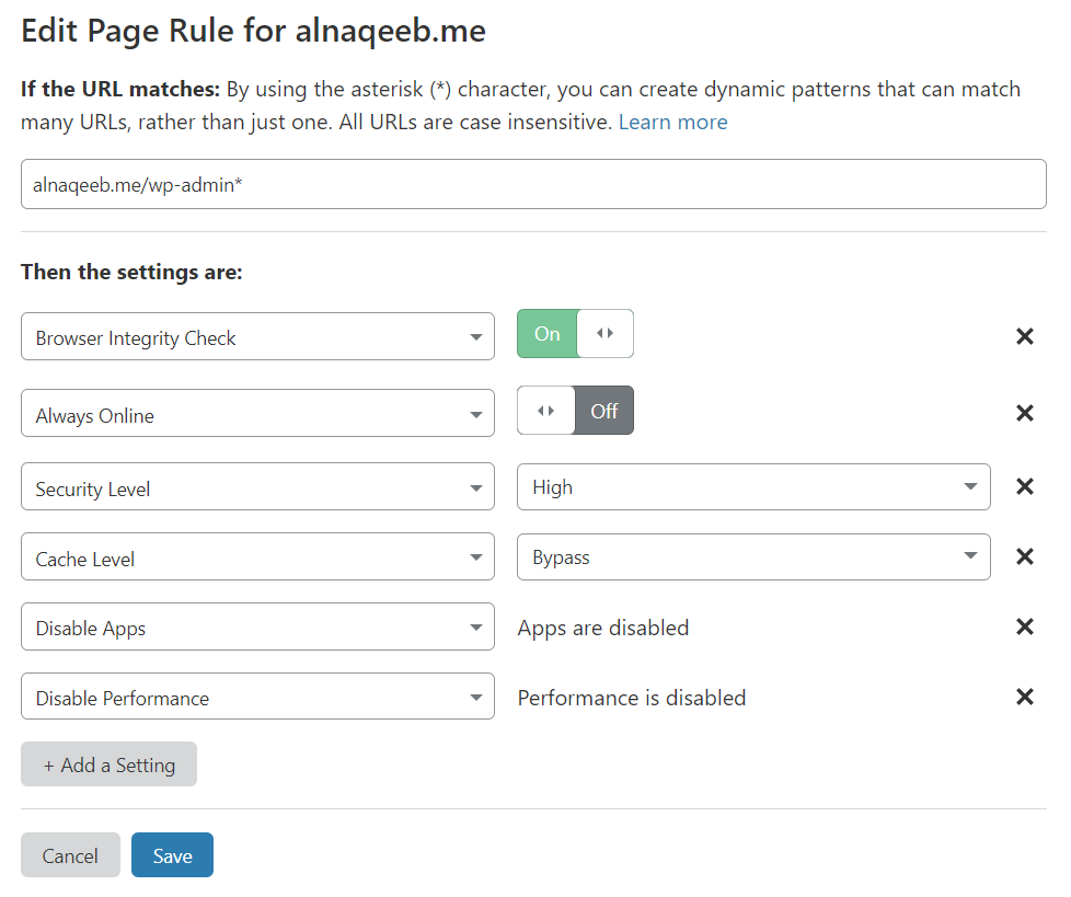 Cloudflare page rule wordpress