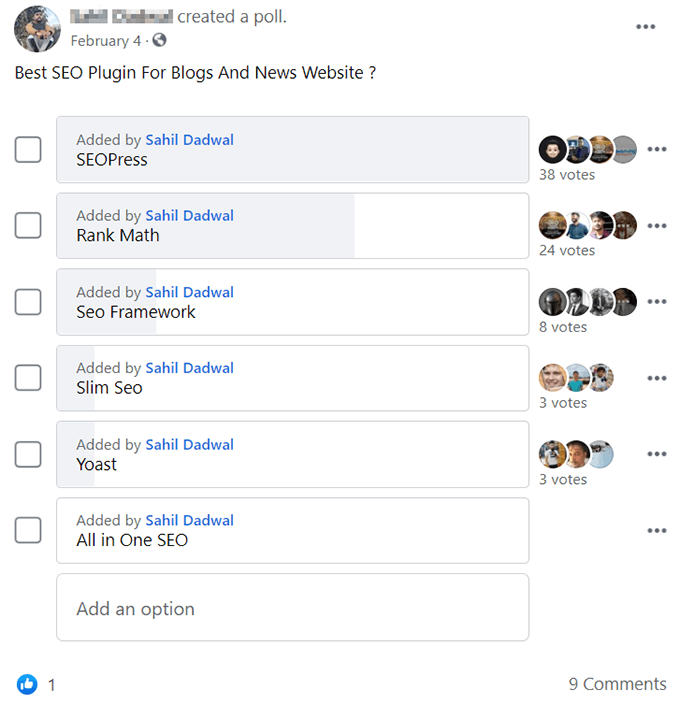 Rank Math vs Yoast best SEO plugin Facebook poll