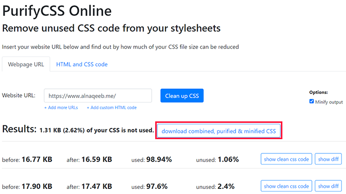 إزالة CSS غير المستخدم PurifyCSS
