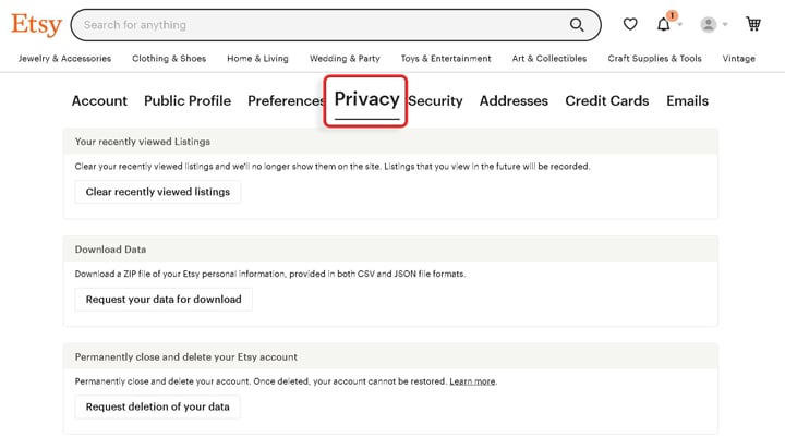 سياسة الخصوصية الخاصة بموقع Etsy.com