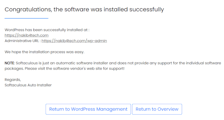 Softaculous WordPres Install Success Page