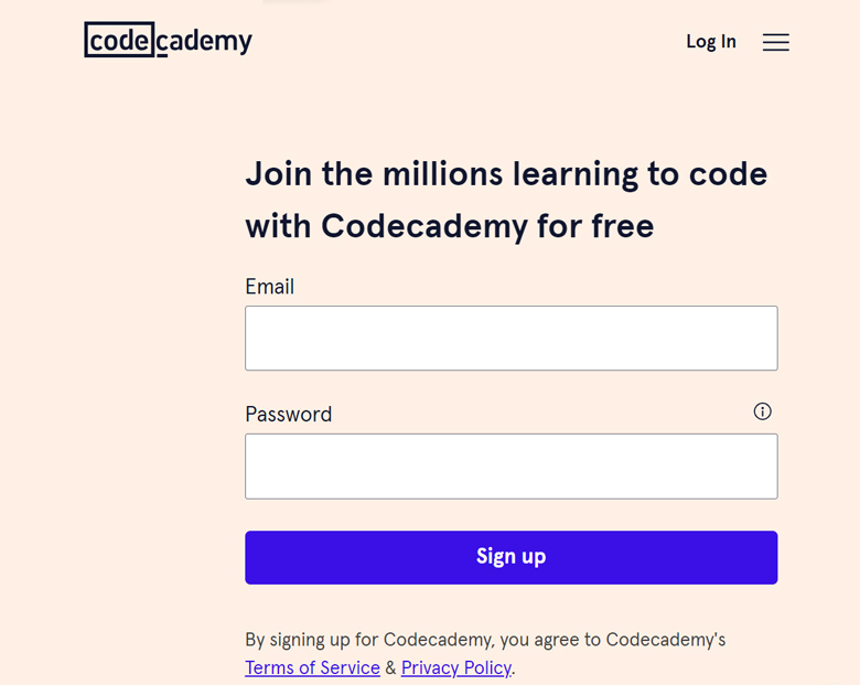 موقع CodeAcademy يأتي بواجهة على شكل صفحة هبوط.