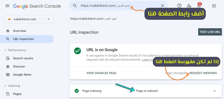 check page indexed with search console