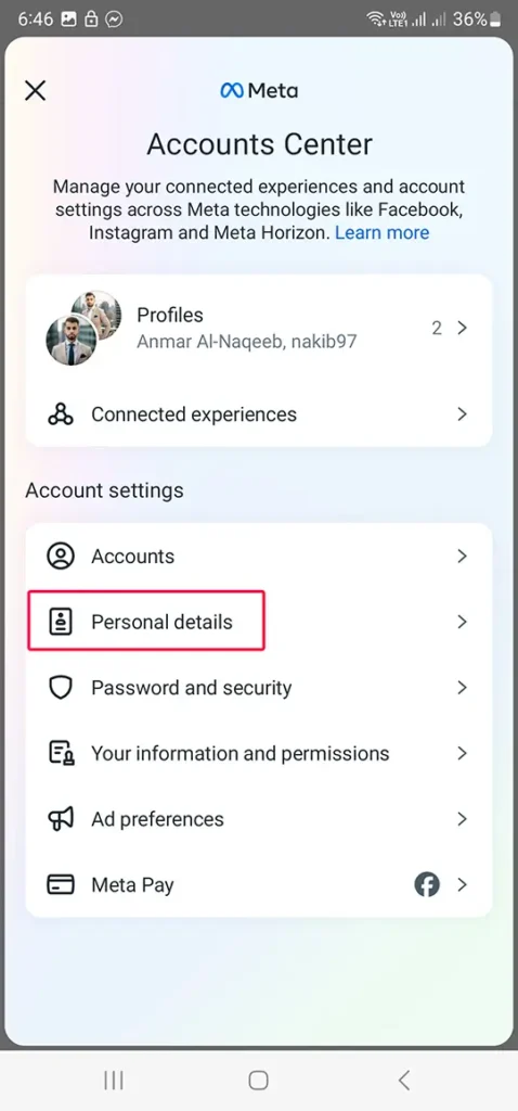 Accounts Center Personal Details