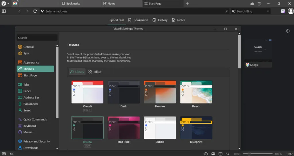 vivaldi browser homepage settings