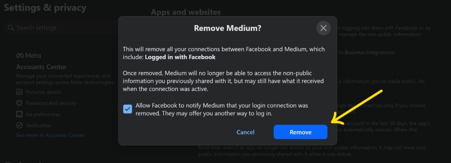 remove linked apps and website from facebook