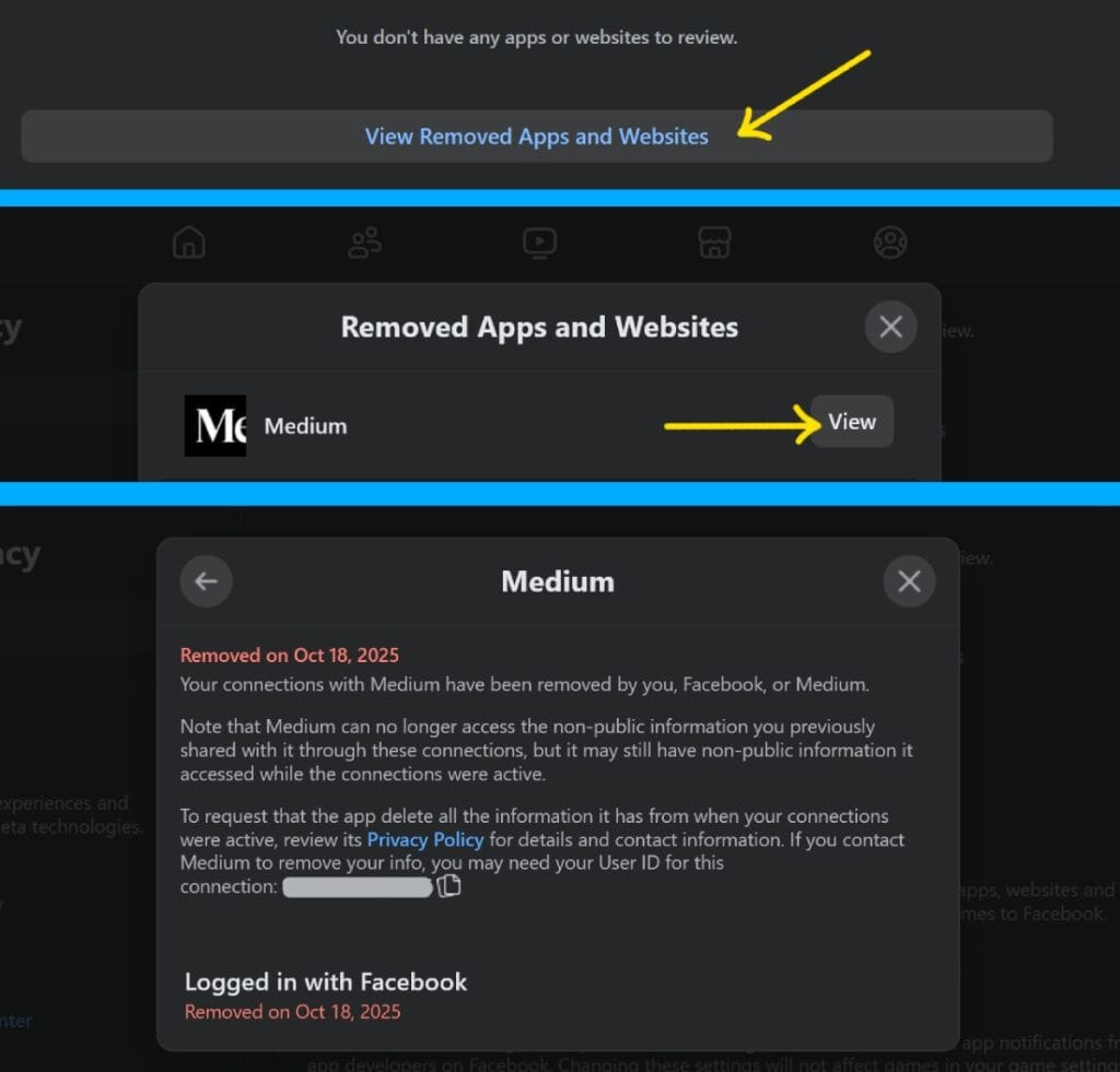 تظهر الصورة صفحة التطبيقات المحذوفة من فيس بوك، حيث يمكن رؤية تفاصيل كل تطبيق مثل من قام بحذفه وتاريخ الإزالة والملاحظات المرتبطة به.